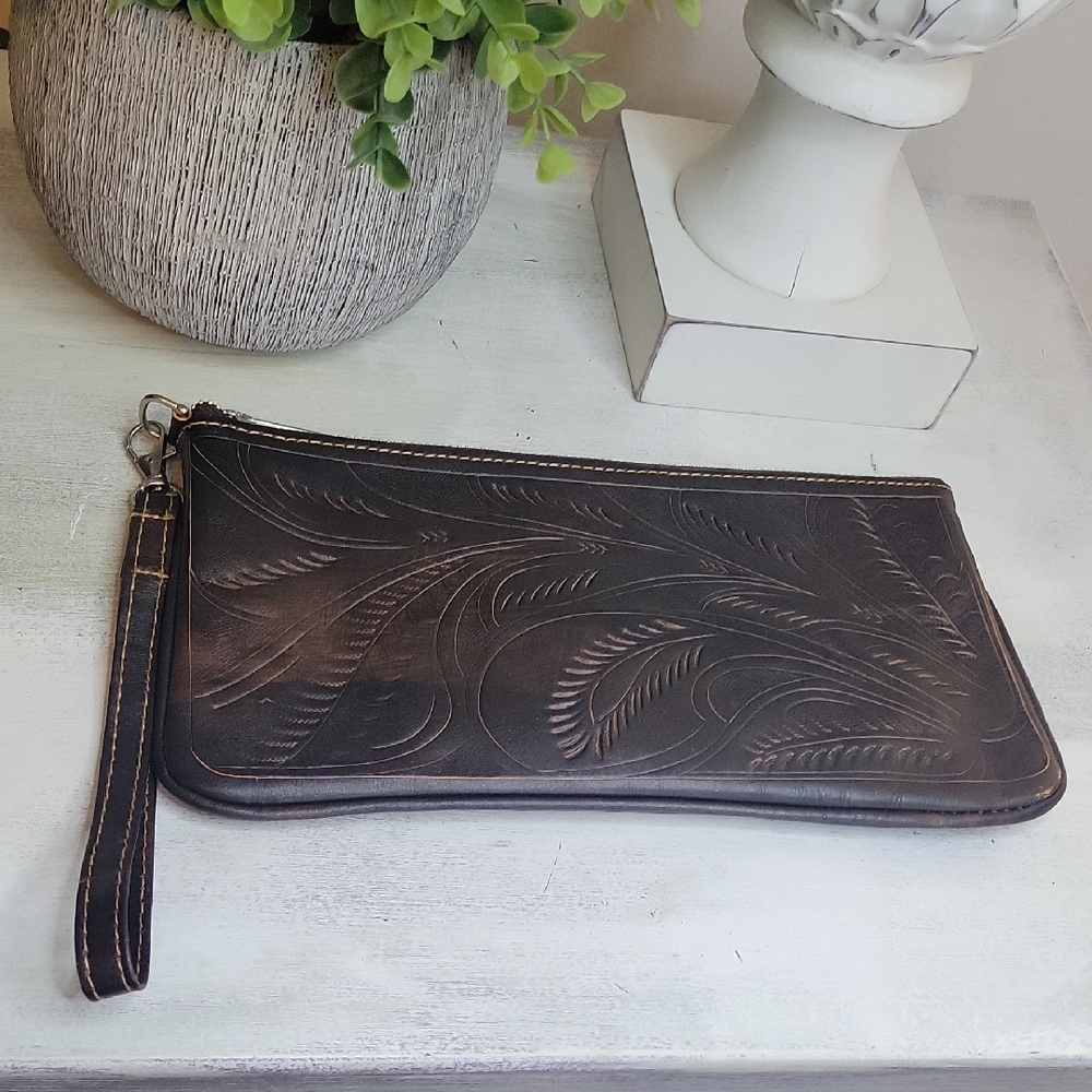 JL Saldivar Brown Leatger Embossed Clutch/ Wrislet